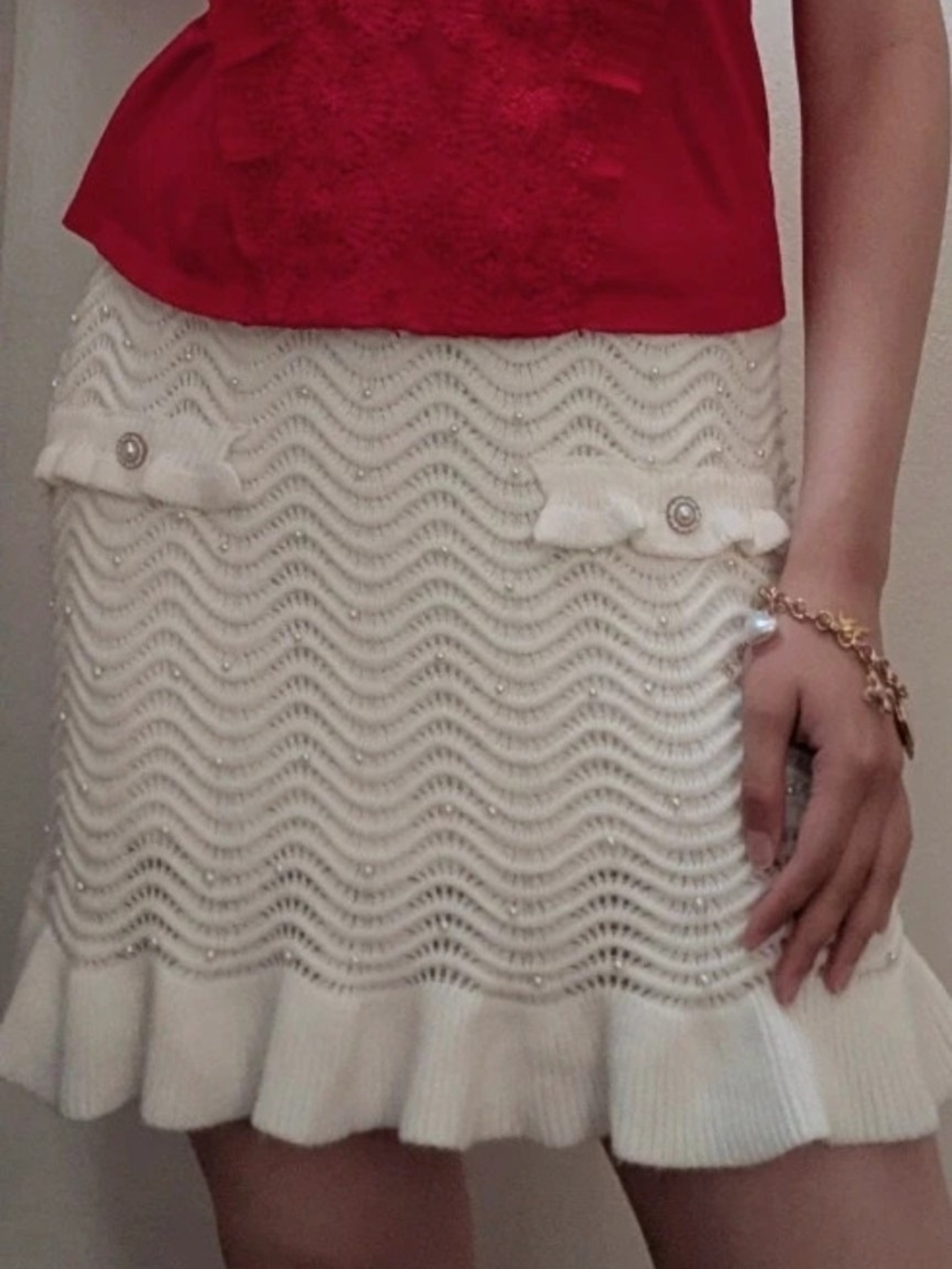 Ontwelfth Cream Knit Midi Skirt with Wave Texture And Pearl Detail Ruffle Hem